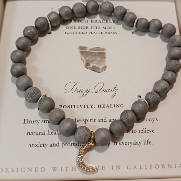 LUNA NORTE 14K GOLD PLATED MOON CRYSTAL CHARM W/ DRUSY QUARTZ STRETCH BRACELET - Picture 2 of 9